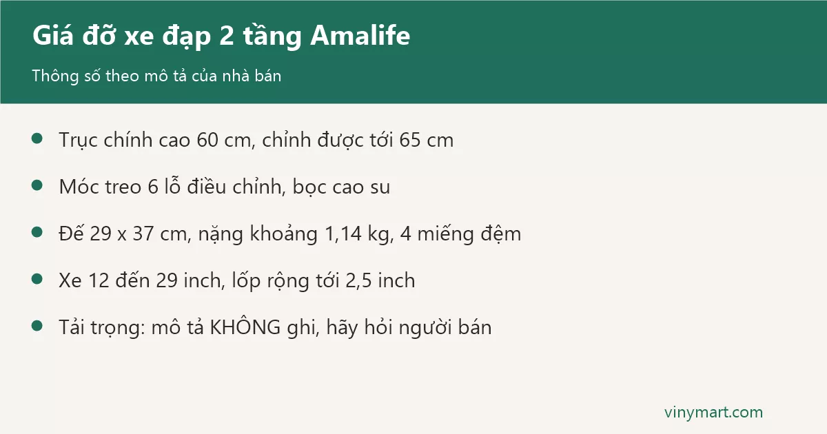 Đồ họa thông số giá đỡ xe đạp 2 tầng Amalife