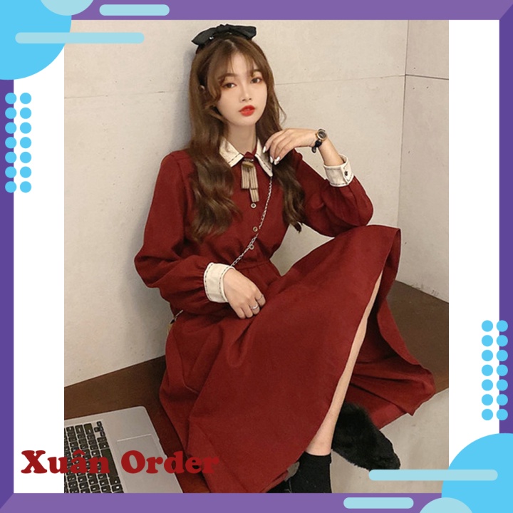 (Sẵn đen, Freesize) Váy Dài Tay Đỏ Của Phụ Nữ Mùa Xuân Và Mùa Thu Năm 2021 Mới Của Pháp Cổ Điển Eo Nhỏ Tính Khí