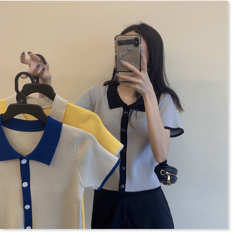 (xám,2XL) Áo Polo Ngắn Tay Áo Thun Phụ Nữ Mùa Hè 2021 Mới Chất Béo Mm Tương Phản Ngắn Áo Len Đan - Ảnh 2