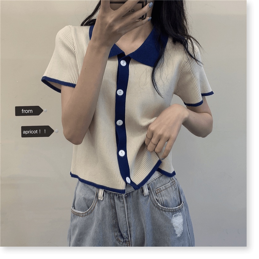 (xám,2XL) Áo Polo Ngắn Tay Áo Thun Phụ Nữ Mùa Hè 2021 Mới Chất Béo Mm Tương Phản Ngắn Áo Len Đan - Ảnh 3