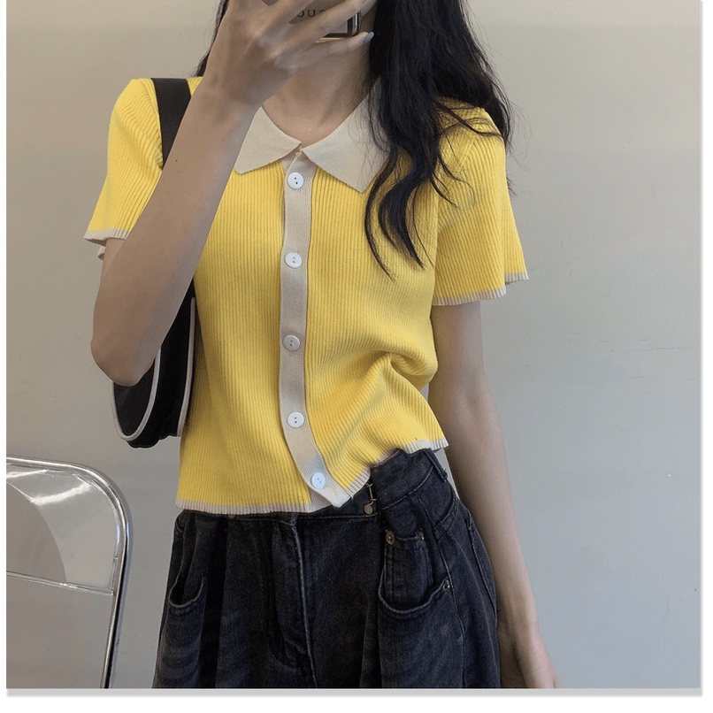 (xám,2XL) Áo Polo Ngắn Tay Áo Thun Phụ Nữ Mùa Hè 2021 Mới Chất Béo Mm Tương Phản Ngắn Áo Len Đan - Ảnh 4