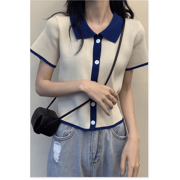 (xám,2XL) Áo Polo Ngắn Tay Áo Thun Phụ Nữ Mùa Hè 2021 Mới Chất Béo Mm Tương Phản Ngắn Áo Len Đan - Ảnh 5