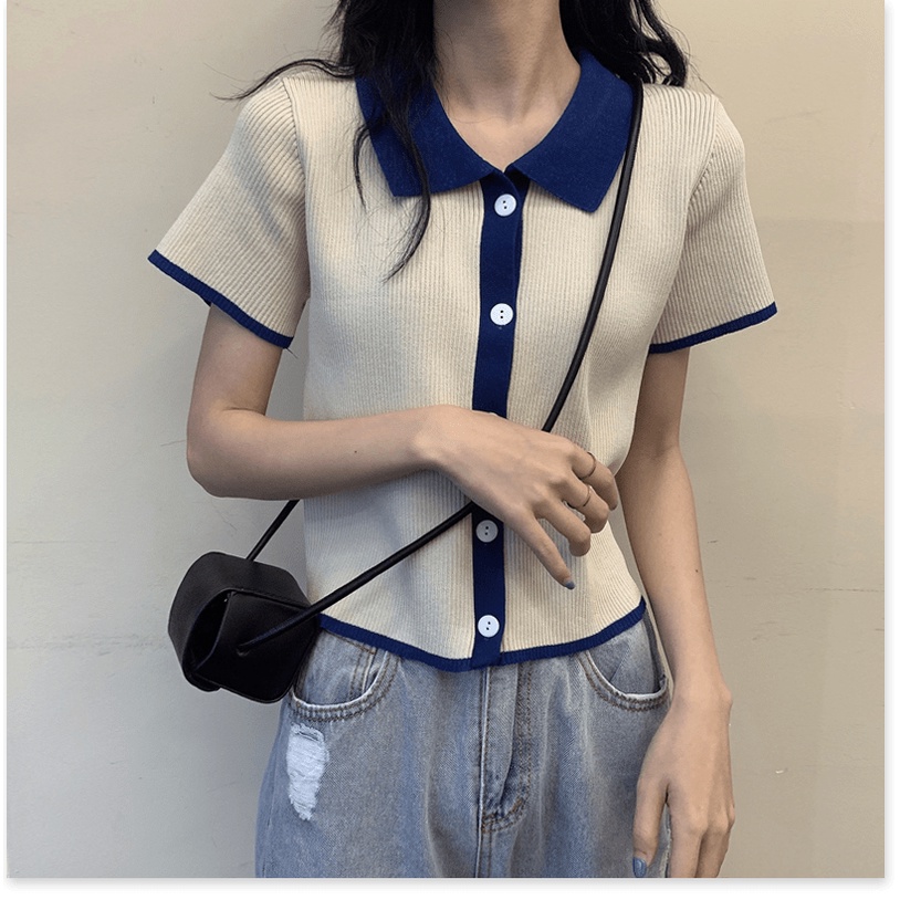(xám,2XL) Áo Polo Ngắn Tay Áo Thun Phụ Nữ Mùa Hè 2021 Mới Chất Béo Mm Tương Phản Ngắn Áo Len Đan - Ảnh 6