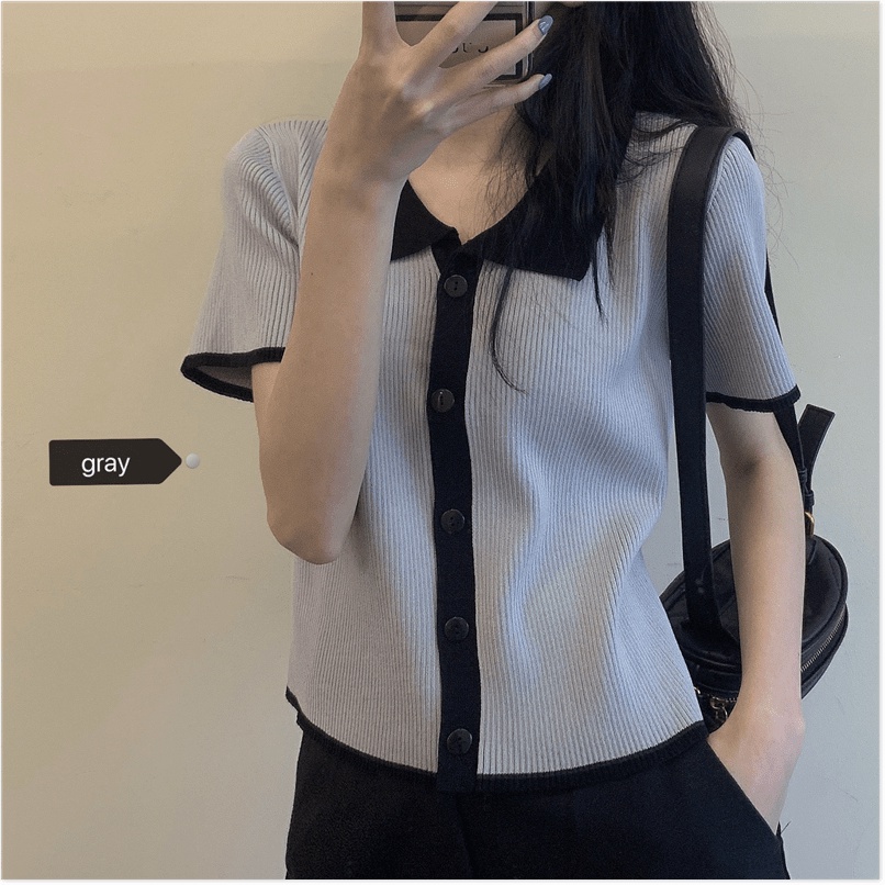 (xám,2XL) Áo Polo Ngắn Tay Áo Thun Phụ Nữ Mùa Hè 2021 Mới Chất Béo Mm Tương Phản Ngắn Áo Len Đan - Ảnh 7
