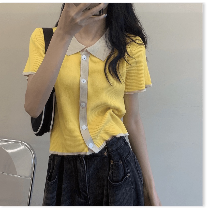 (xám,2XL) Áo Polo Ngắn Tay Áo Thun Phụ Nữ Mùa Hè 2021 Mới Chất Béo Mm Tương Phản Ngắn Áo Len Đan - Ảnh 8