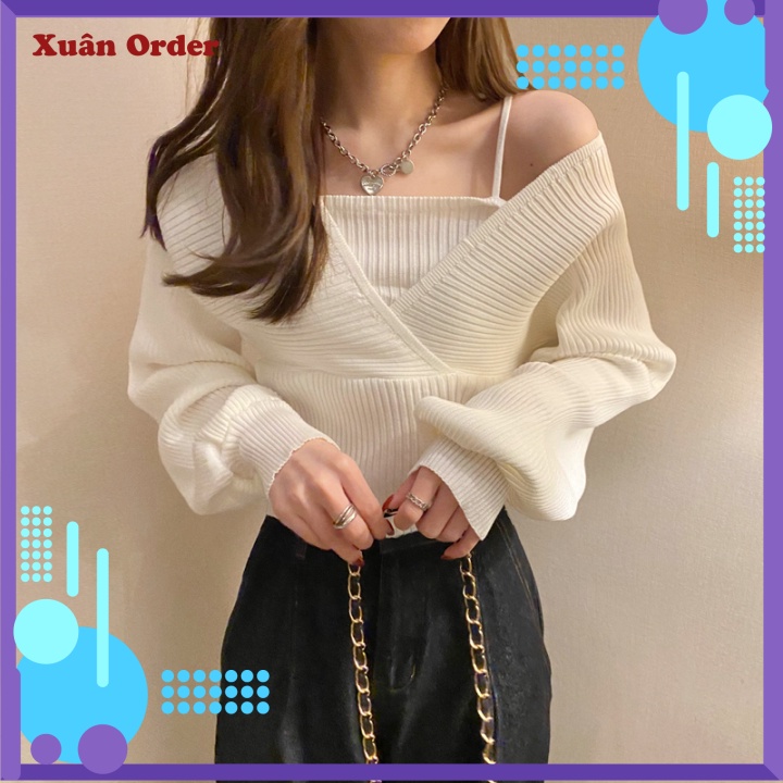 (Đen sz 3XL) Áo Ngực Mùa Xuân Và Mùa Thu Mỏng Hơn. Áo Len Dưới Cùng. Áo Len Đan Hai Mảnh Giả Nữ