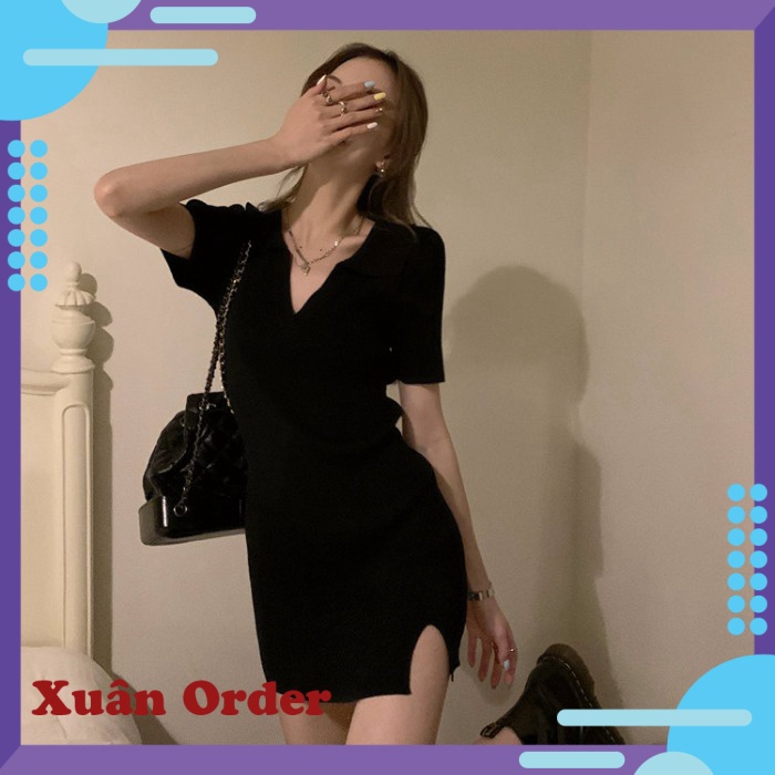 (Sẵn XL) váy đen nhỏ cỡ lớn em gái béo thiết kế giác ngách xẻ tà Túi ôm hông váy kiểu Pháp retro mùa h