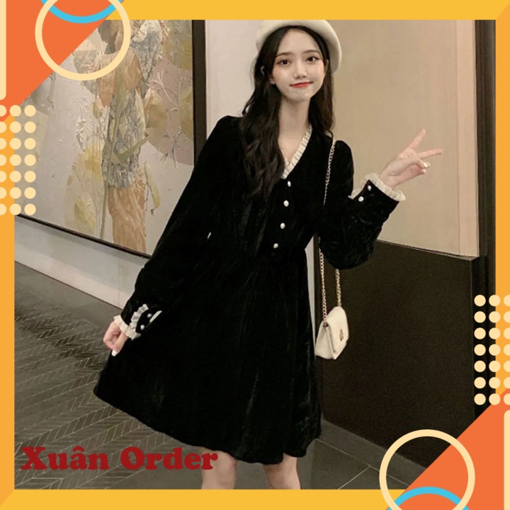 (Sẵn size 3XL [77-87kg,Đen dài) Váy nhung nữ thu đông phong cách mới - SKU071221X145 - Xuân Order