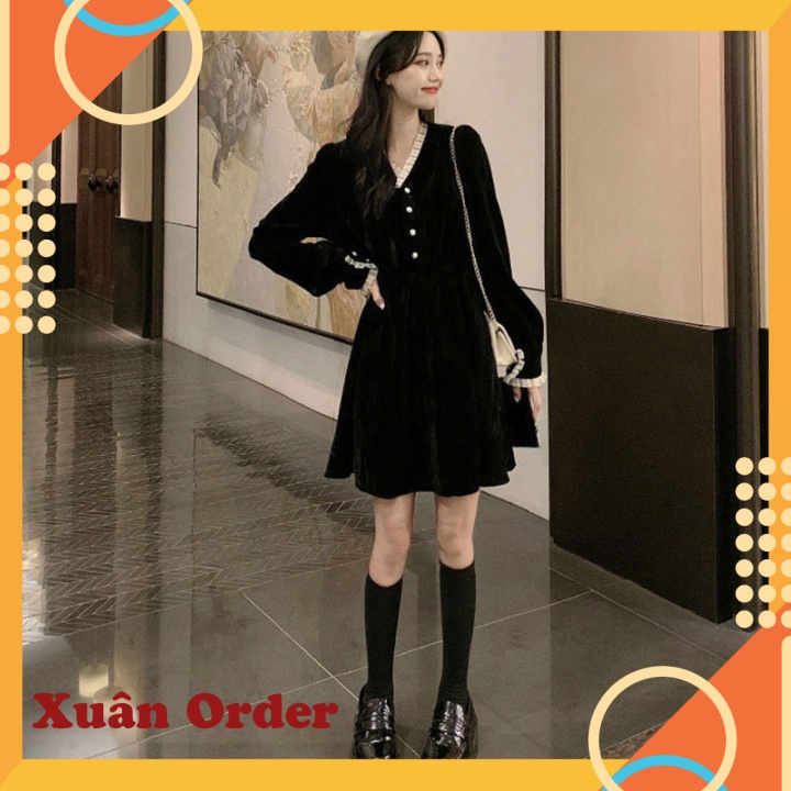 (Sẵn size 3XL [77-87kg,Đen dài) Váy nhung nữ thu đông phong cách mới - SKU071221X145 - Xuân Order - Ảnh 2