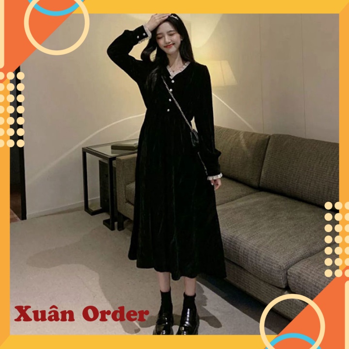 (Sẵn size 3XL [77-87kg,Đen dài) Váy nhung nữ thu đông phong cách mới - SKU071221X145 - Xuân Order - Ảnh 3