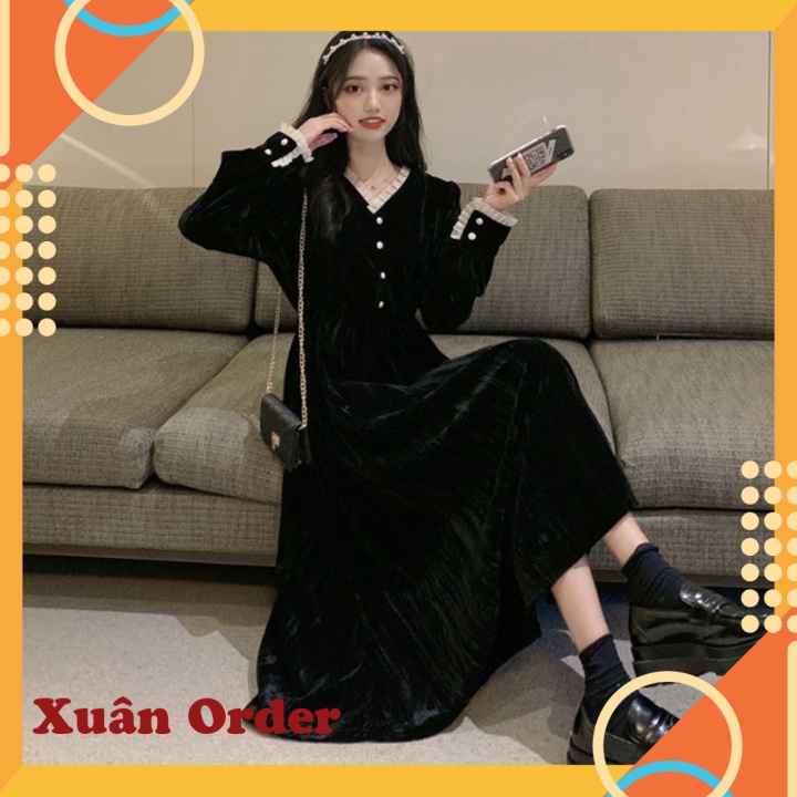 (Sẵn size 3XL [77-87kg,Đen dài) Váy nhung nữ thu đông phong cách mới - SKU071221X145 - Xuân Order - Ảnh 4