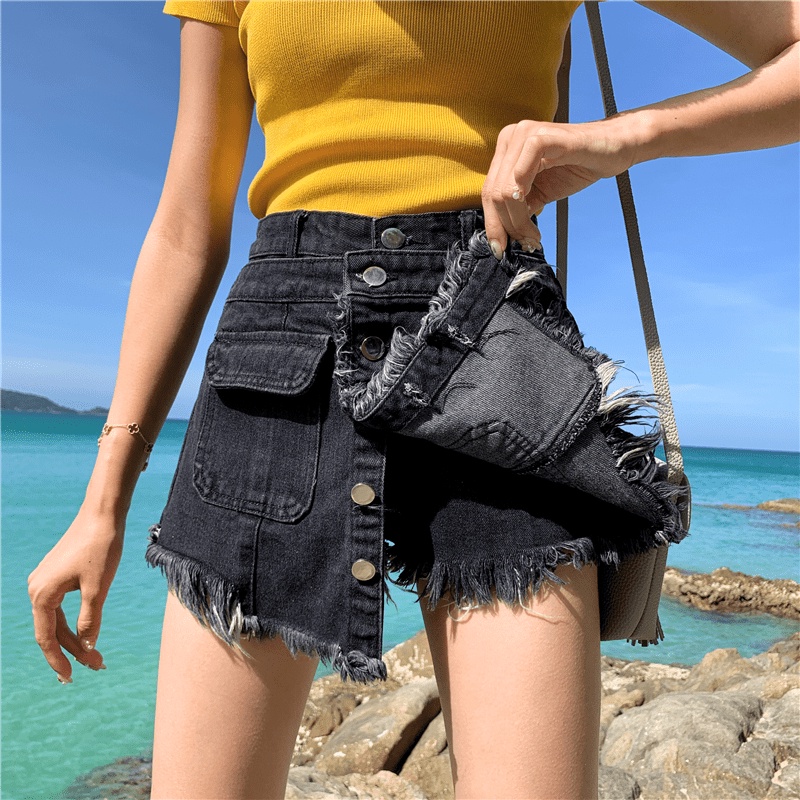 ) Chân váy giả quần short denim - Ảnh 3