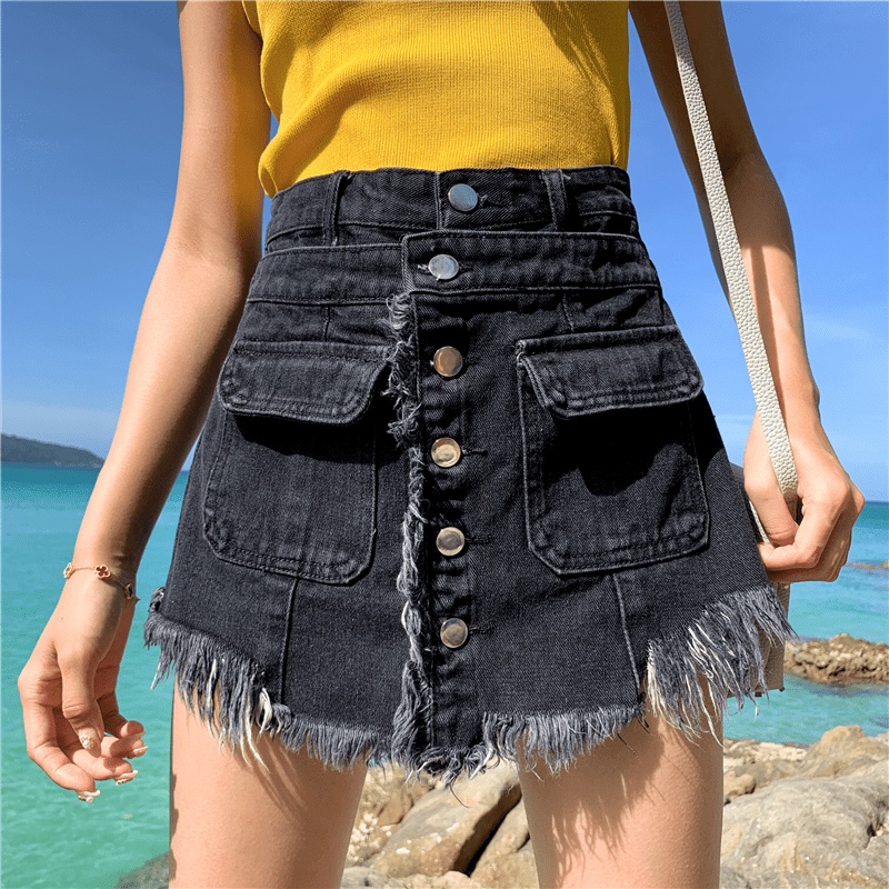 ) Chân váy giả quần short denim - Ảnh 4