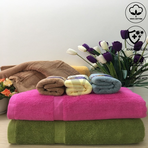 Combo 3 Khăn mặt, 2 Khăn tắm cotton cao cấp gia đình 3 người - 70x140cm & 30x50cm - 400g & 65g - Xưởng dệt Việt Nam0