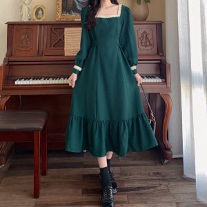 (Sẵn 2XL) Váy cổ vuông màu xanh lá cây nữ&hellip;