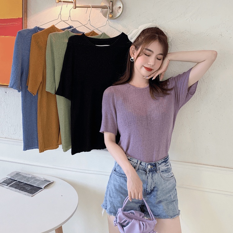 (Sẵn 2XL(70-80kg), tím) áo len cổ tròn, áo thun ngắn tay