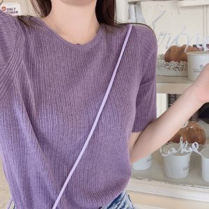 (Sẵn 2XL(70-80kg), tím) áo len cổ tròn, áo thun ngắn&hellip;