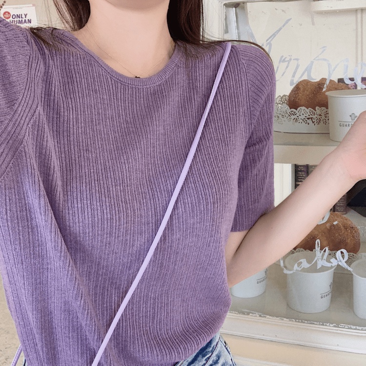 (Sẵn 2XL(70-80kg), tím) áo len cổ tròn, áo thun ngắn tay - Ảnh 2