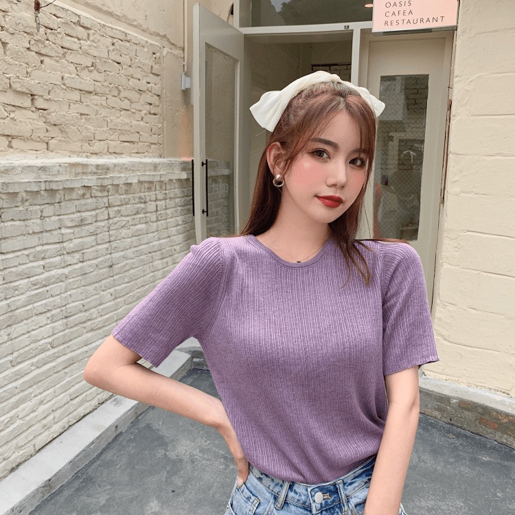 (Sẵn 2XL(70-80kg), tím) áo len cổ tròn, áo thun ngắn tay - Ảnh 3