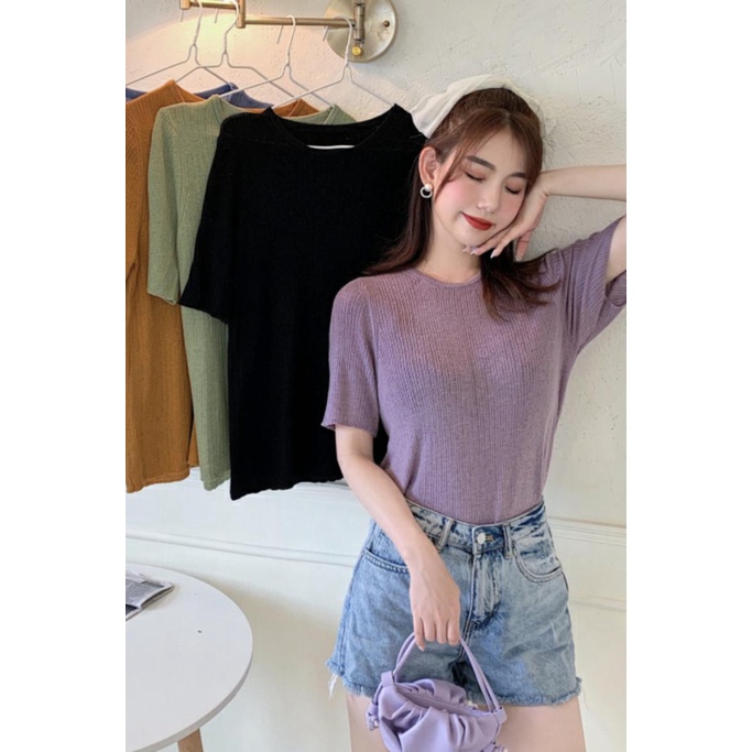 (Sẵn 2XL(70-80kg), tím) áo len cổ tròn, áo thun ngắn tay - Ảnh 4