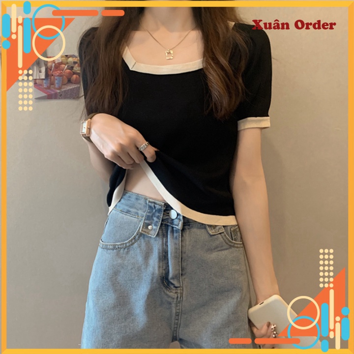 (Sẵn đen 3XL 80-90 kg) Áo Len Dệt Kim Lỏng Lẻo Phụ Nữ Ngắn Tay Ngắn Cổ Vuông Băng Lụa Áo Thunthước Hàng Đầu -