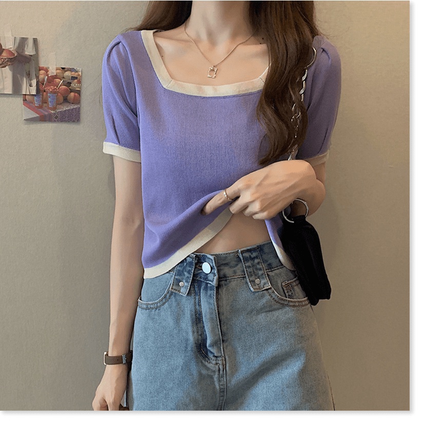 (Sẵn đen 3XL 80-90 kg) Áo Len Dệt Kim Lỏng Lẻo Phụ Nữ Ngắn Tay Ngắn Cổ Vuông Băng Lụa Áo Thunthước Hàng Đầu - - Ảnh 2