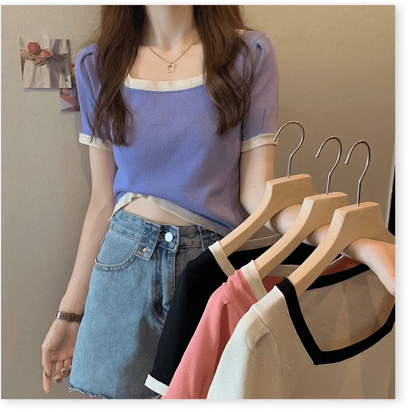 (Sẵn đen 3XL 80-90 kg) Áo Len Dệt Kim Lỏng Lẻo Phụ Nữ Ngắn Tay Ngắn Cổ Vuông Băng Lụa Áo Thunthước Hàng Đầu - - Ảnh 5