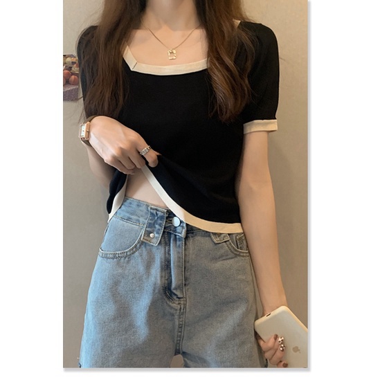 (Sẵn đen 3XL 80-90 kg) Áo Len Dệt Kim Lỏng Lẻo Phụ Nữ Ngắn Tay Ngắn Cổ Vuông Băng Lụa Áo Thunthước Hàng Đầu - - Ảnh 6