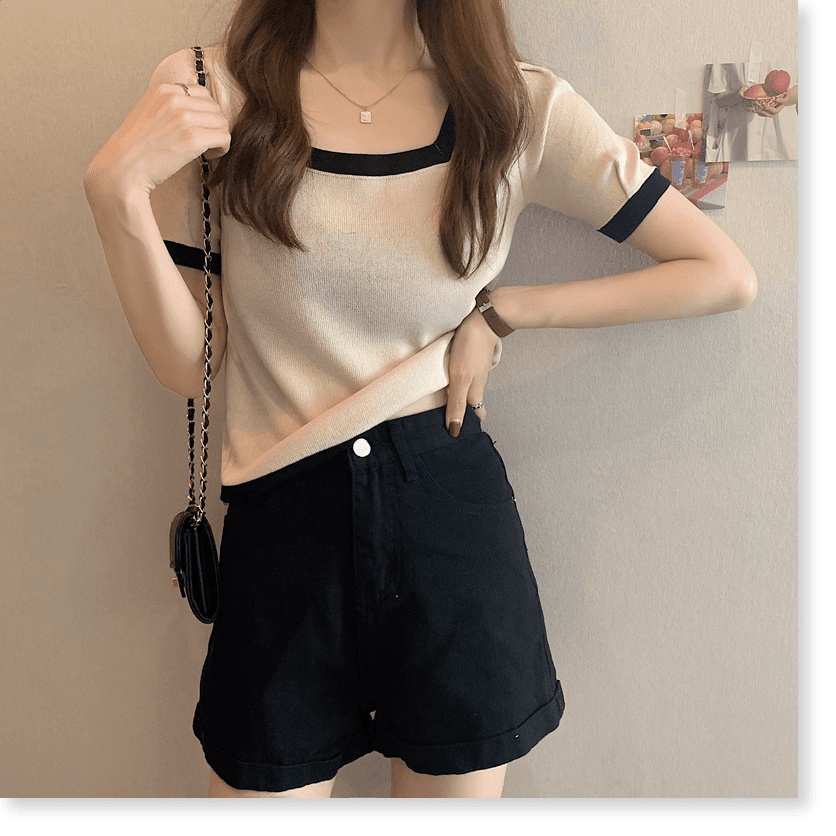 (Sẵn đen 3XL 80-90 kg) Áo Len Dệt Kim Lỏng Lẻo Phụ Nữ Ngắn Tay Ngắn Cổ Vuông Băng Lụa Áo Thunthước Hàng Đầu - - Ảnh 7