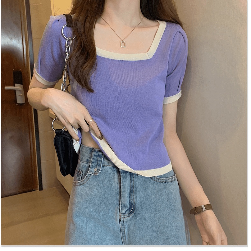 (Sẵn đen 3XL 80-90 kg) Áo Len Dệt Kim Lỏng Lẻo Phụ Nữ Ngắn Tay Ngắn Cổ Vuông Băng Lụa Áo Thunthước Hàng Đầu - - Ảnh 8