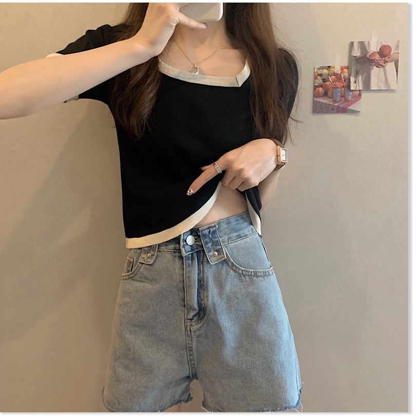 (Sẵn đen 3XL 80-90 kg) Áo Len Dệt Kim Lỏng Lẻo Phụ Nữ Ngắn Tay Ngắn Cổ Vuông Băng Lụa Áo Thunthước Hàng Đầu - - Ảnh 9