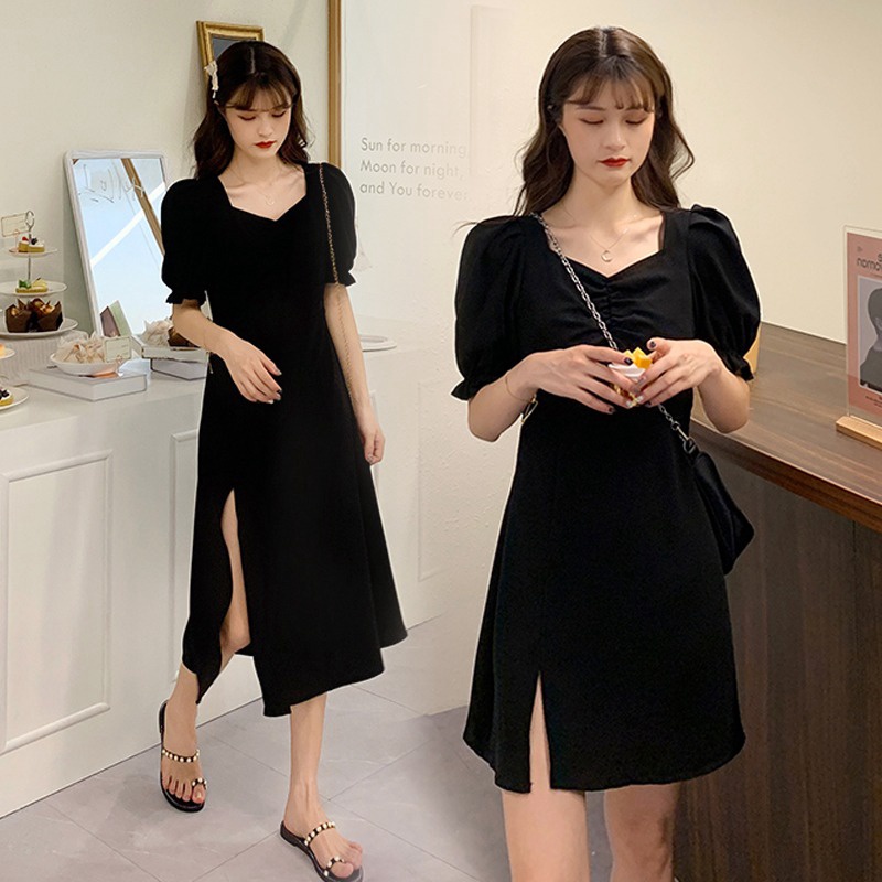 (Sẵn đen dài, 2XL (67-75kg) váy dài giản dị sexy đen xẻ tà váy mùa hè