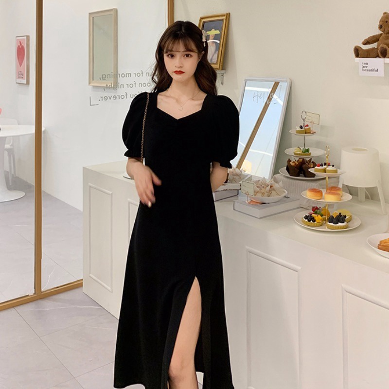 (Sẵn đen dài, 2XL (67-75kg) váy dài giản dị sexy đen xẻ tà váy mùa hè - Ảnh 2