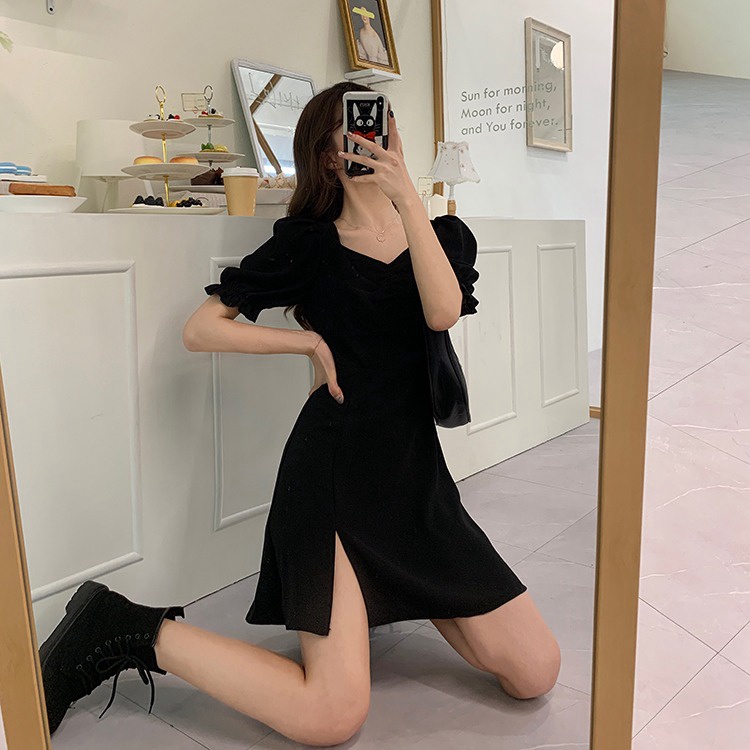 (Sẵn đen dài, 2XL (67-75kg) váy dài giản dị sexy đen xẻ tà váy mùa hè - Ảnh 4