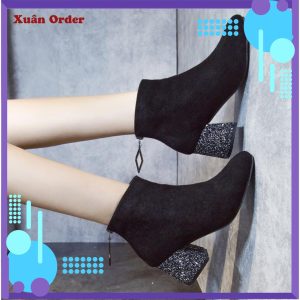 BOOTS DA LỘN NỮ GÓT ĐÍNH ĐÁ CỔ THẤP