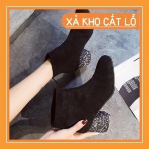 BOOTS DA LỘN NỮ GÓT ĐÍNH ĐÁ CỔ THẤP
