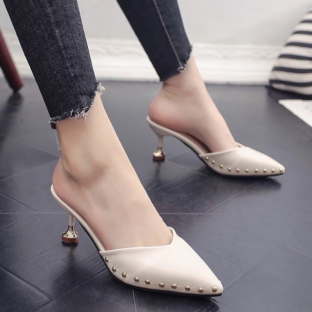 Giày sục mũi nhọn gót nhọn 7cm viền đinh da PU - Ảnh 2