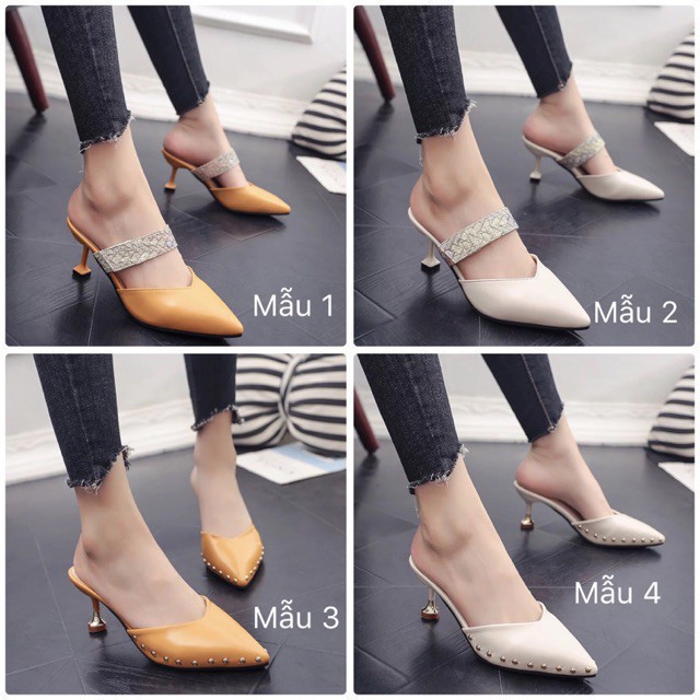 Giày sục mũi nhọn gót nhọn 7cm viền đinh da PU - Ảnh 3