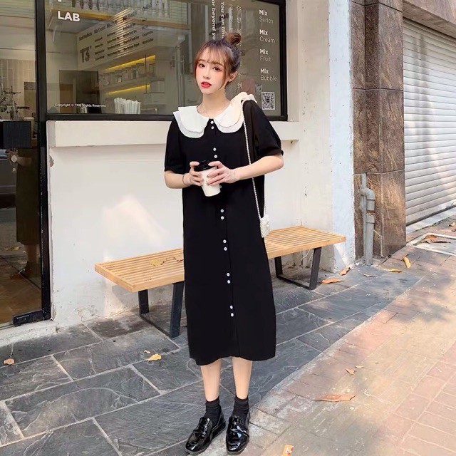 {Sẵn đen, sz 4Xl}Váy cổ sen 2 lớp đính khuy đôi - Ảnh 3