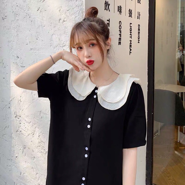 {Sẵn đen, sz 4Xl}Váy cổ sen 2 lớp đính khuy đôi - Ảnh 4