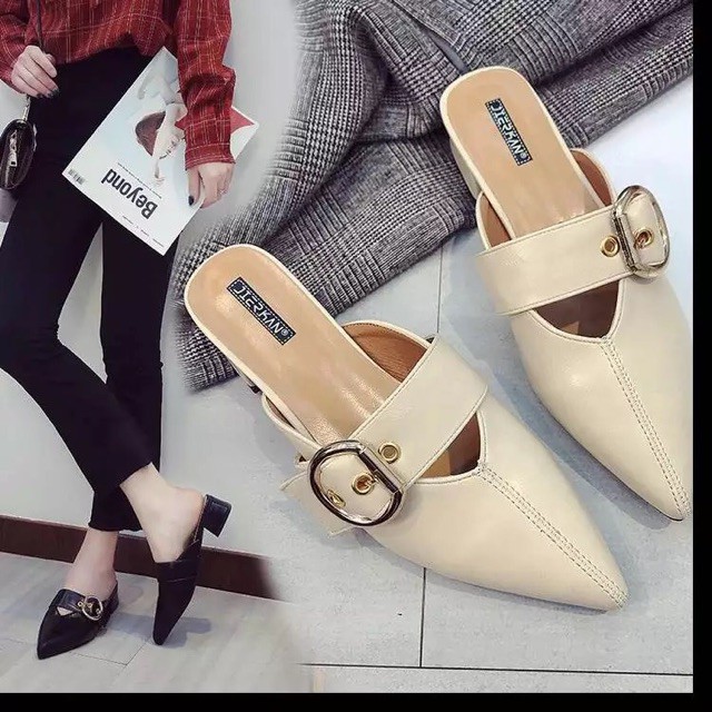 Ảnh thật - Giày sục mũi nhọn da PU quai ngang kèm tag, gót vuông 4,5cm