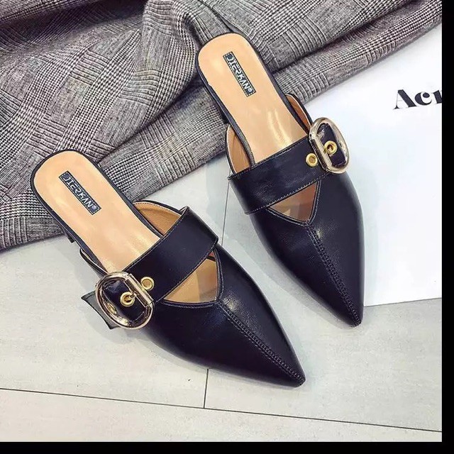 Ảnh thật - Giày sục mũi nhọn da PU quai ngang kèm tag, gót vuông 4,5cm - Ảnh 3