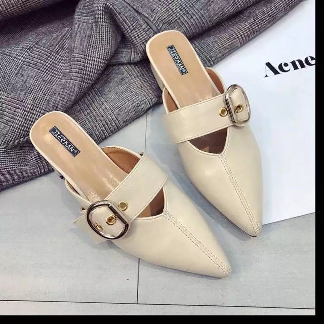 Ảnh thật - Giày sục mũi nhọn da PU quai ngang kèm tag, gót vuông 4,5cm - Ảnh 5