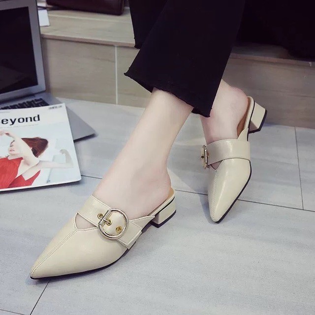 Ảnh thật - Giày sục mũi nhọn da PU quai ngang kèm tag, gót vuông 4,5cm - Ảnh 7