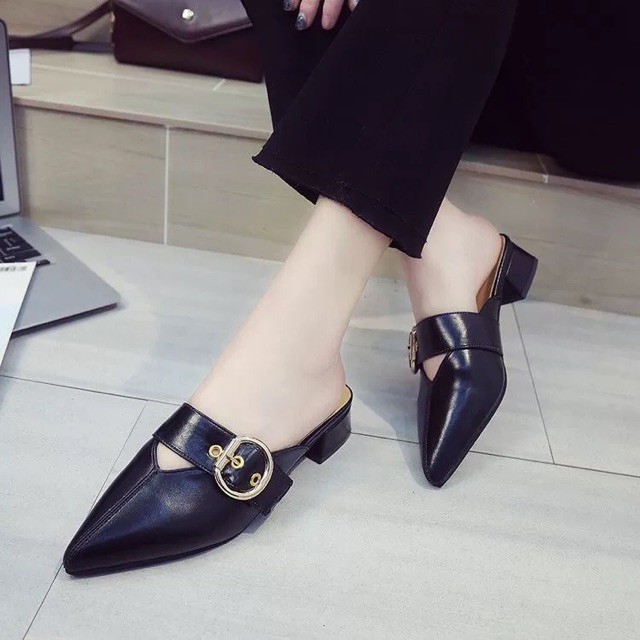 Ảnh thật - Giày sục mũi nhọn da PU quai ngang kèm tag, gót vuông 4,5cm - Ảnh 8