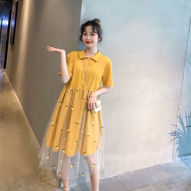 {Sẵn XL}Váy cổ đức chân váy 2 lớp thêu hình quả dứa