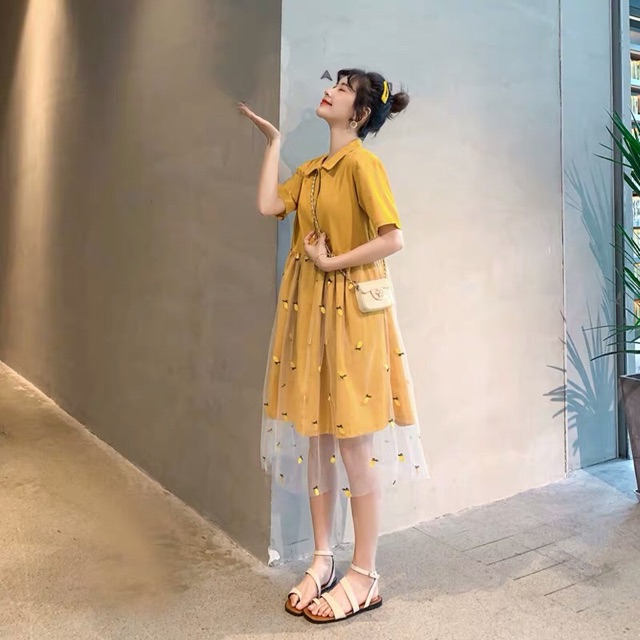 {Sẵn XL}Váy cổ đức chân váy 2 lớp thêu hình quả dứa - Ảnh 2