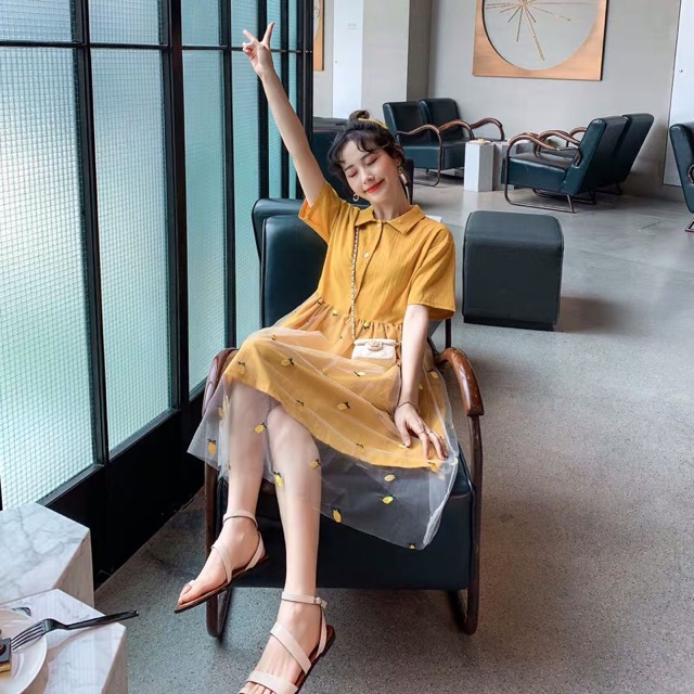 {Sẵn XL}Váy cổ đức chân váy 2 lớp thêu hình quả dứa - Ảnh 3