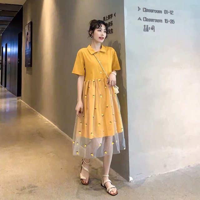 {Sẵn XL}Váy cổ đức chân váy 2 lớp thêu hình quả dứa - Ảnh 4
