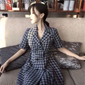 (Sẵn sz 2XL) Váy cổ vest kẻ caro cộc tay